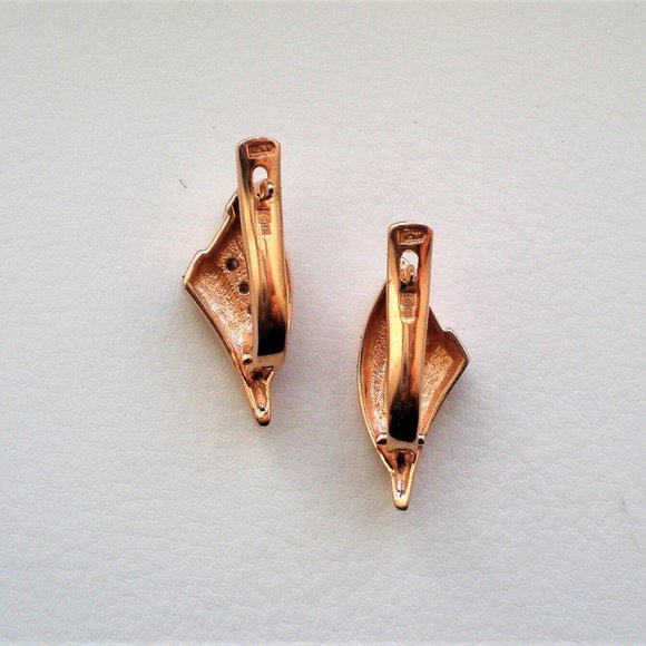 Russian Russia Solid 14K 585 Rose Pink Gold CZ Cluster V Design Pierced Earrings - Picture 4 of 6